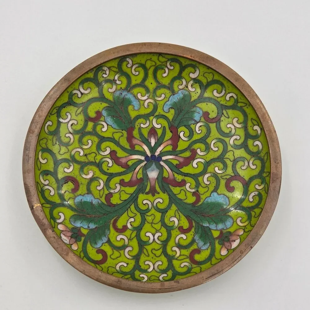 Cloisonné Prunus Brass Trinket Dish Set 3 Plum Blossom Enamel Plates 4″ - Picture 2 of 7
